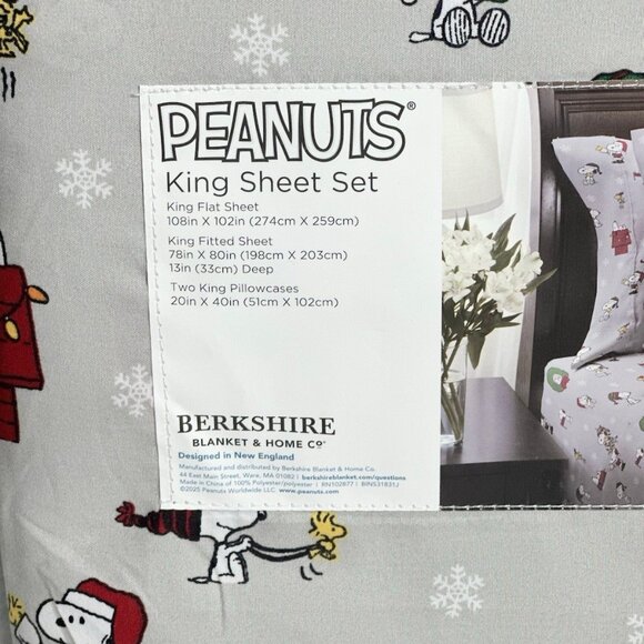 Peanuts Snoopy Christmas Tree King Size Gray Sheet Set (lights woodstock gifts) - Picture 4 of 5